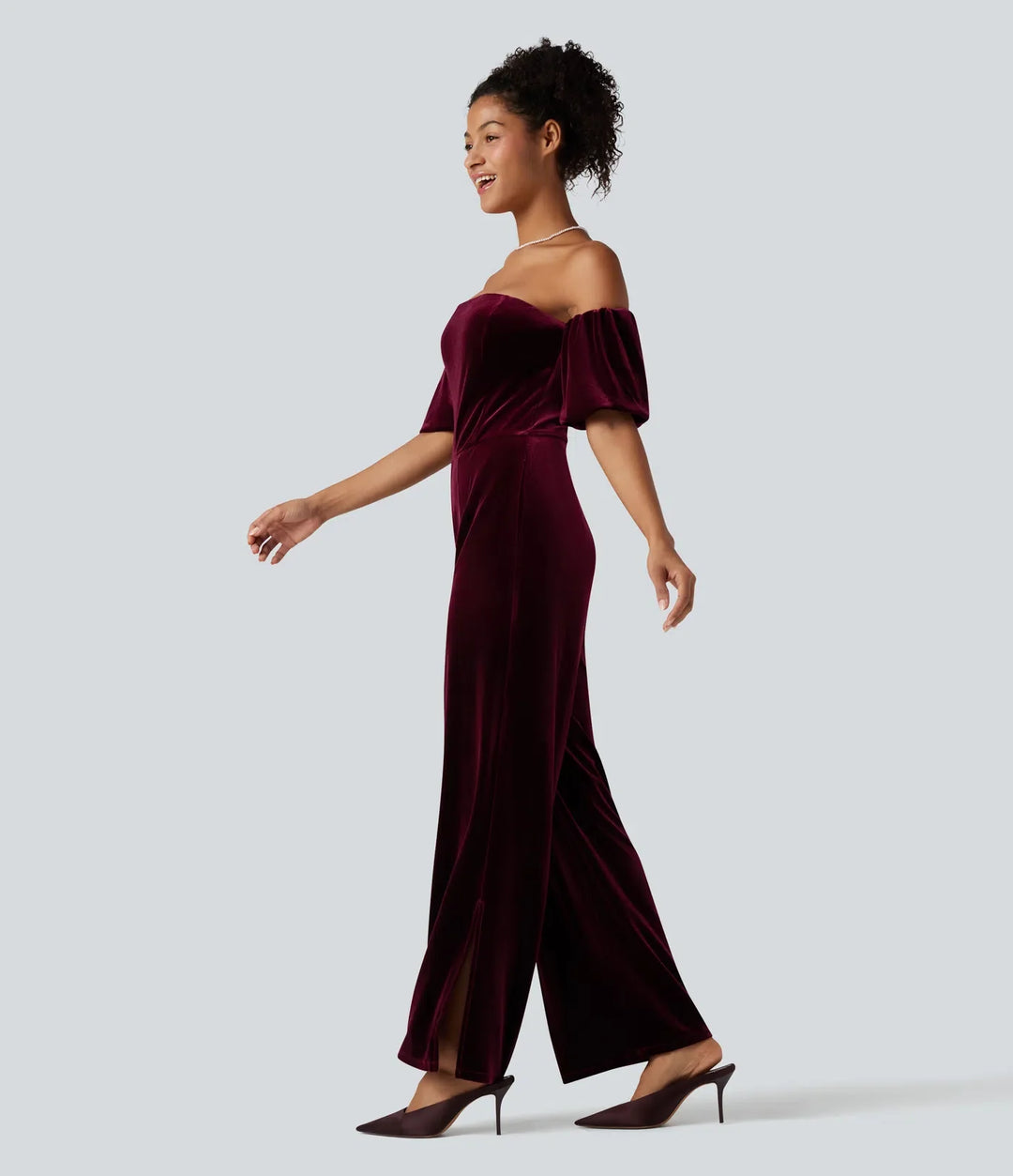 Tub puffärm slits sammet fest jumpsuit-Easy Peezy