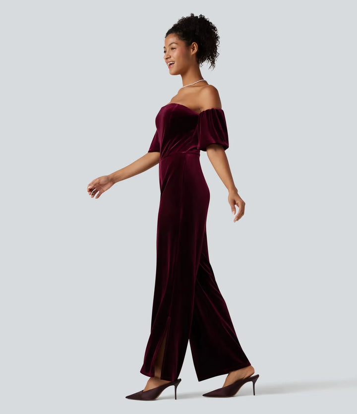 Tub puffärm slits sammet fest jumpsuit-Easy Peezy