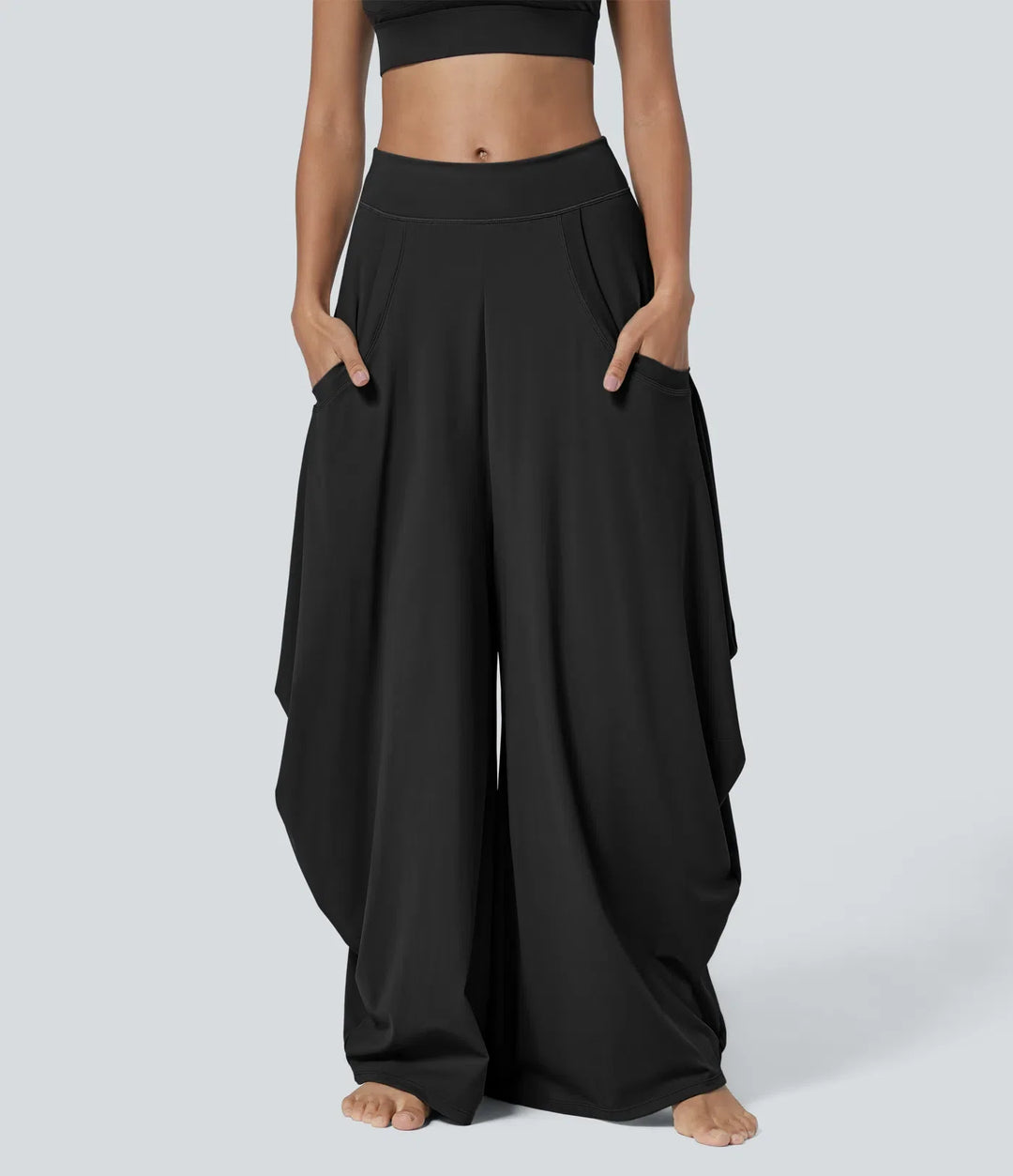 Medelhög midja fickor draperad vida ben baggy vardagsbyxor