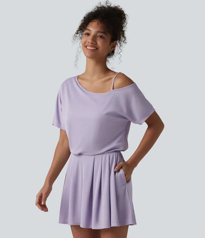 Enaxlad kortärmad plisserad våffelstruktur playsuit för vardag med fickor – Easy Peezy-utgåva