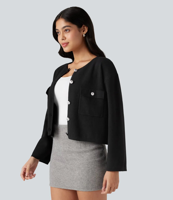 Rund hals långärmad vardaglig cardigan med fickor