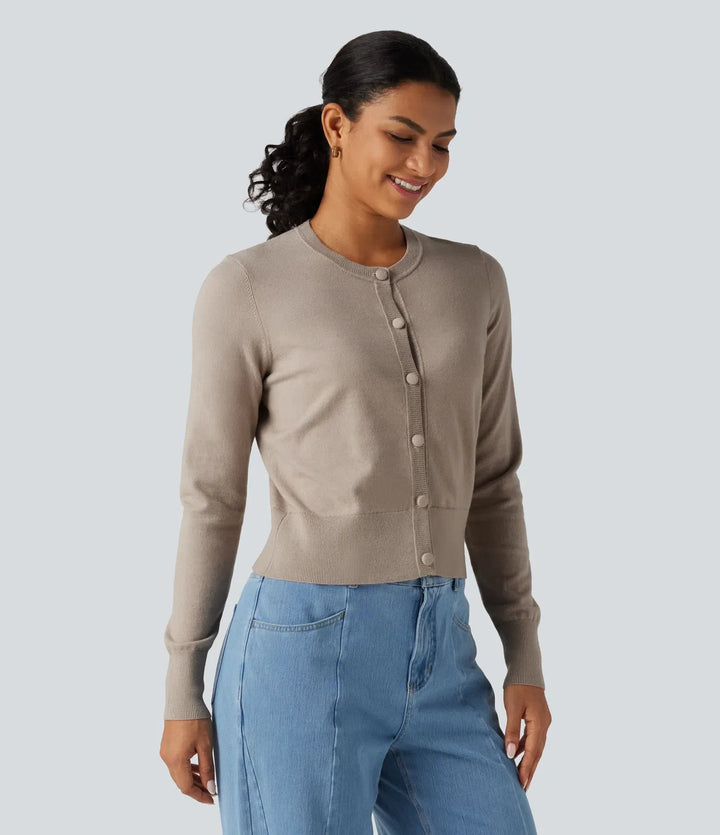 Rund hals långärmad knapp gylf arbetscardigan