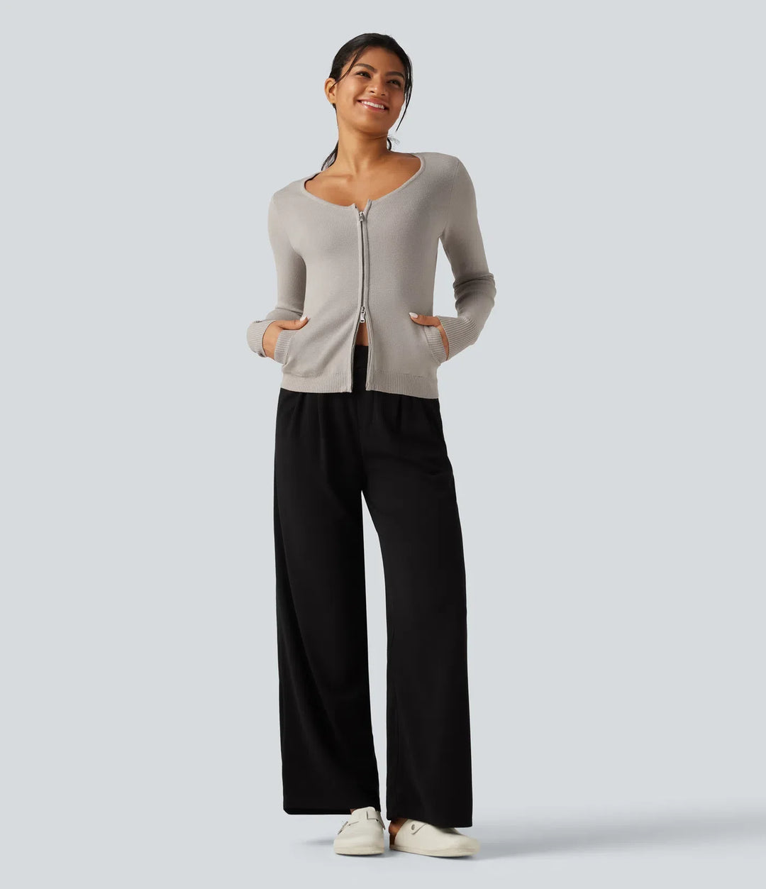 Rund hals långärmad smal lounge cardigan med fickor