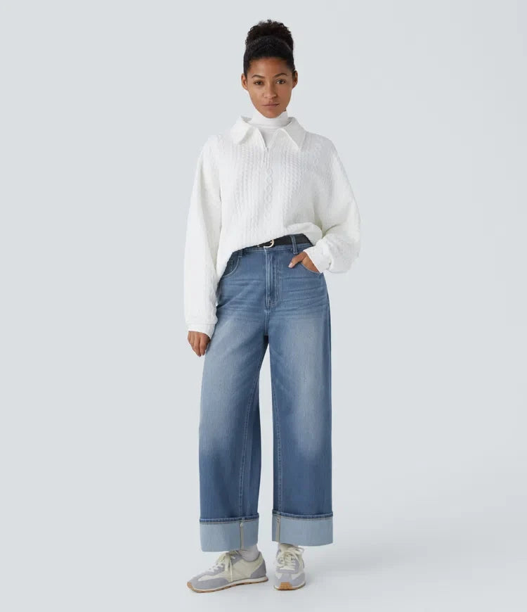 Lyckera Flex högmidjad fickor justerbar fåll vida ben tvättad vardagsjeans