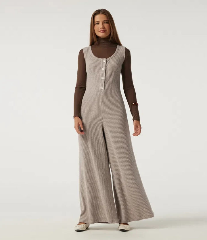 Ribbstickad U-ringad vida ben vardaglig jumpsuit med fickor