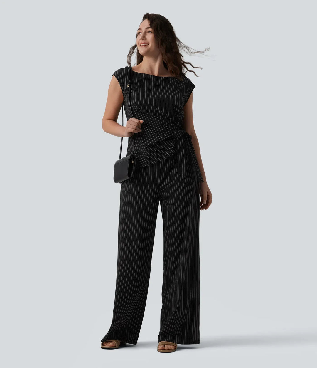 Båtringad ärmlös knytning i sidan sval känsla randig arbetsjumpsuit med fickor-Easy Peezy Edition
