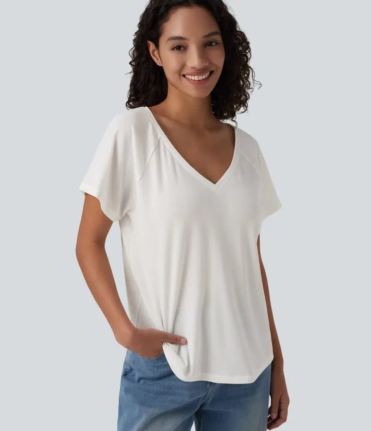 V-ringning raglan kortärmad avslappnad T-shirt för vardag