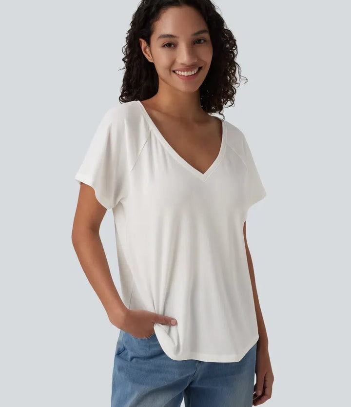 V-ringning raglan kortärmad avslappnad T-shirt för vardag