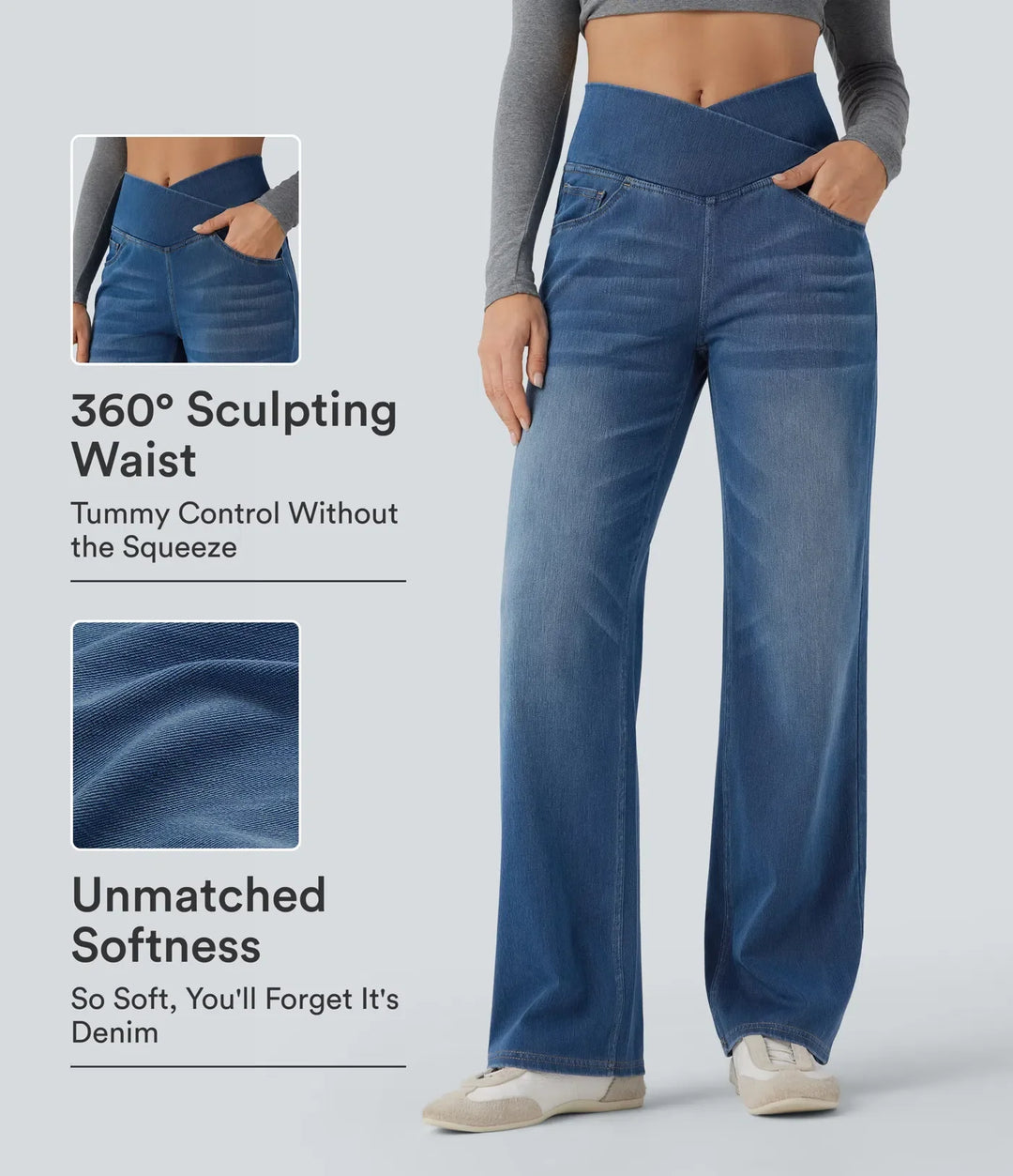 Halara Flex omlott med hög midja och magkontroll för vardag raka ben jeans med fickor