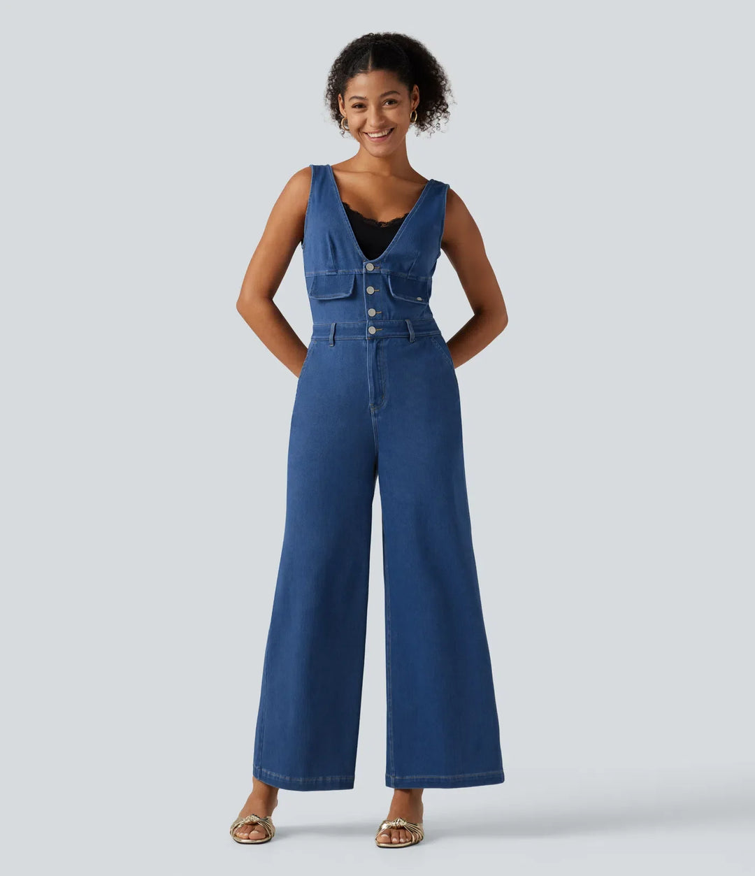 Lyckera Flex V-ringad vida ben denim vardaglig jumpsuit med fickor