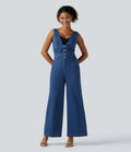 Lyckera Flex V-ringad vida ben denim vardaglig jumpsuit med fickor