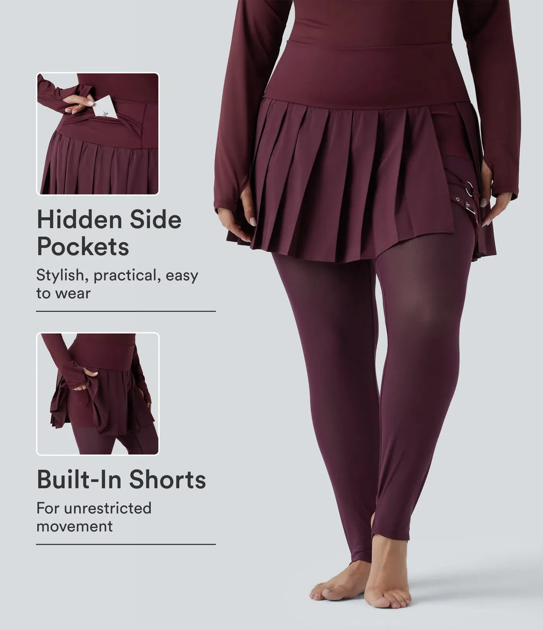 Breezeful med hög midja plisserad 2-i-1 kontrastmesh snabbtorkande dans plusstorlek stigbygel leggings med kjol med fickor