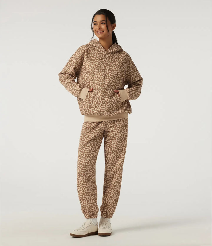 Med huva långärmad leopardmönster vardaglig sweatshirt med ficka