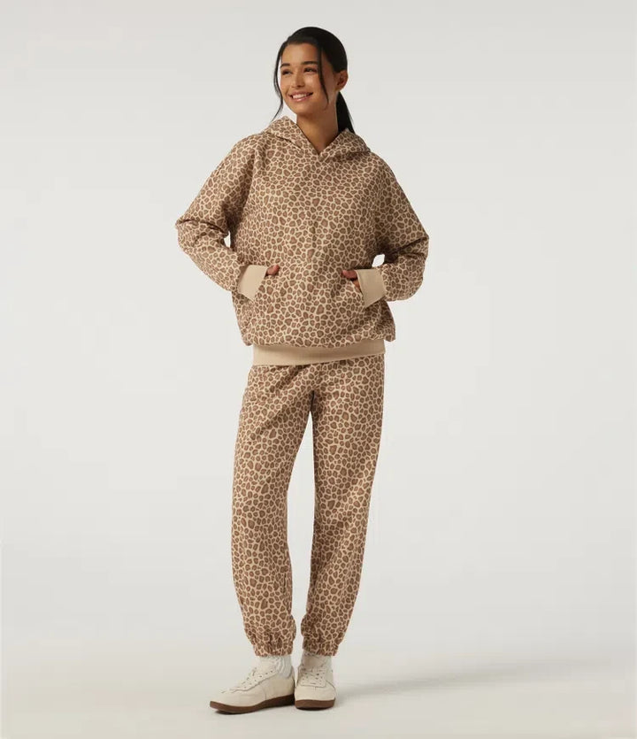 Med huva långärmad leopardmönster vardaglig sweatshirt med ficka