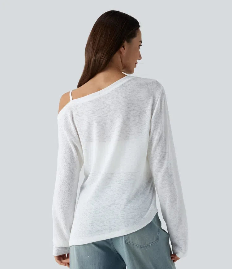 Halvtransparent enaxlad långärmad asymmetrisk fåll T-shirt för vardag