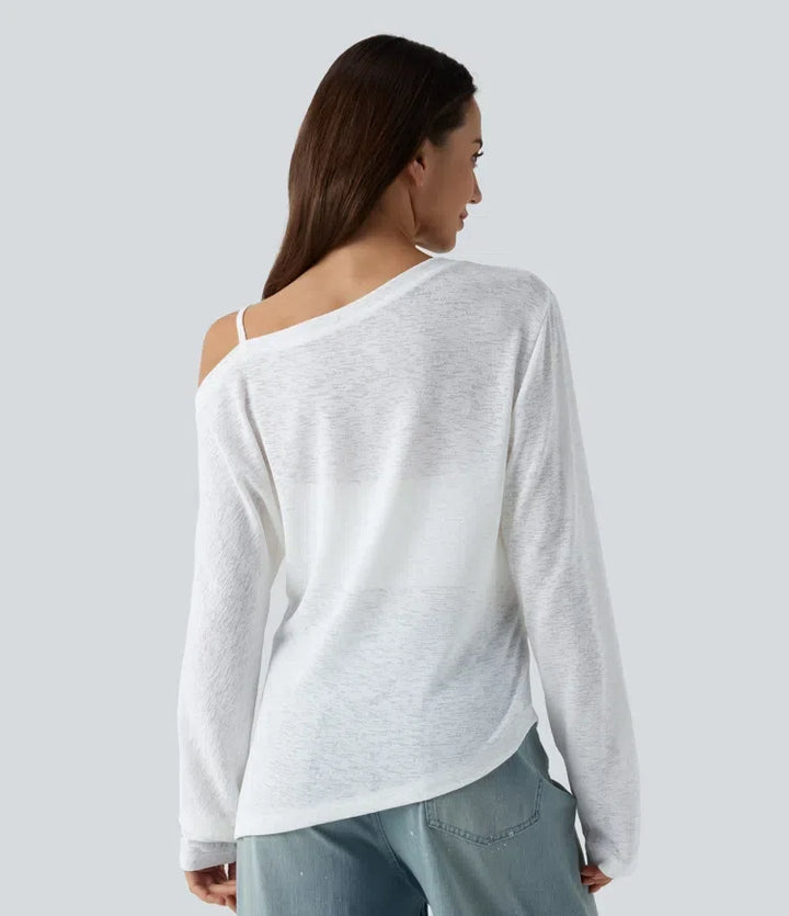 halvtransparent enaxlad långärmad asymmetrisk fåll vardaglig T-shirt