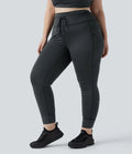 Med hög midja dragsko randig yoga leggings i plusstorlek med fickor