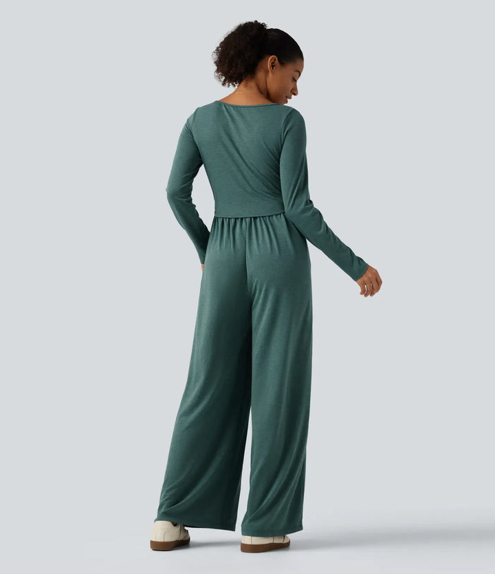 Djup rund halsringning långärmad inbyggd BH vida ben rynkat vardaglig jumpsuit med fickor-Easy Peezy Edition