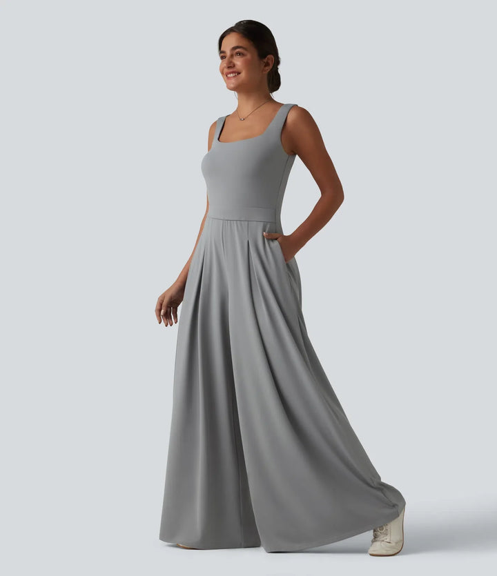 Fyrkantig halsringning baggy vardaglig jumpsuit med fickor-Easy Peezy Edition