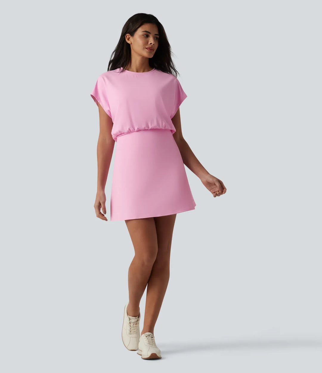 SoftlyZero luftig rund hals kortärmad 2-i-1 InstantCool mini aktiv yogaklänning med fickor-Easy Peezy Edition