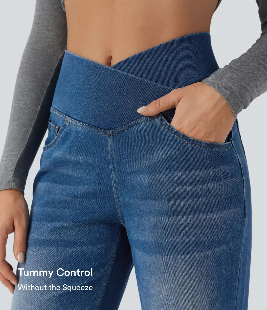 Halara Flex omlott med hög midja och magkontroll för vardag raka ben jeans med fickor