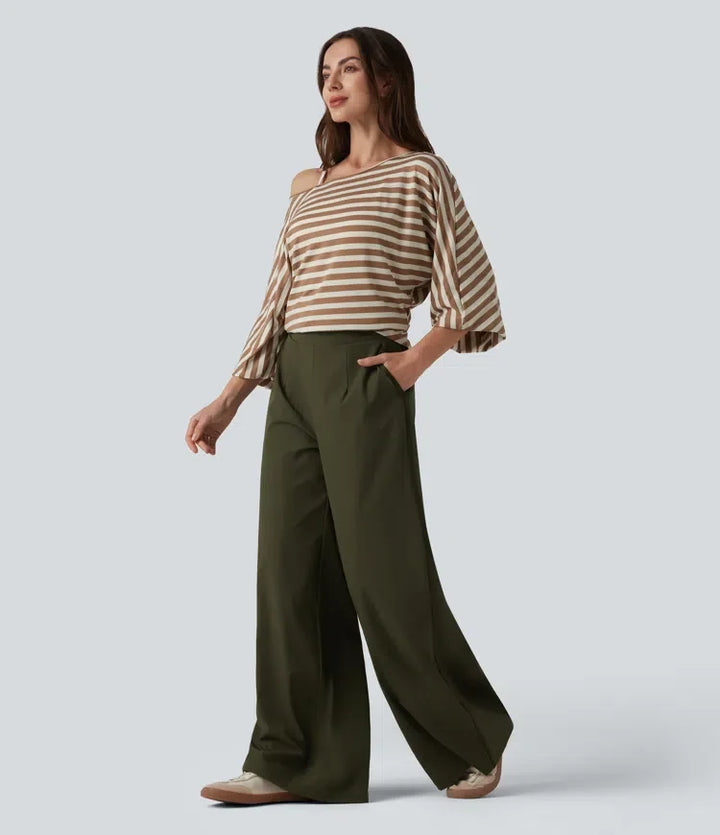 Högmidjad vida ben baggy vardagsbyxor med fickor