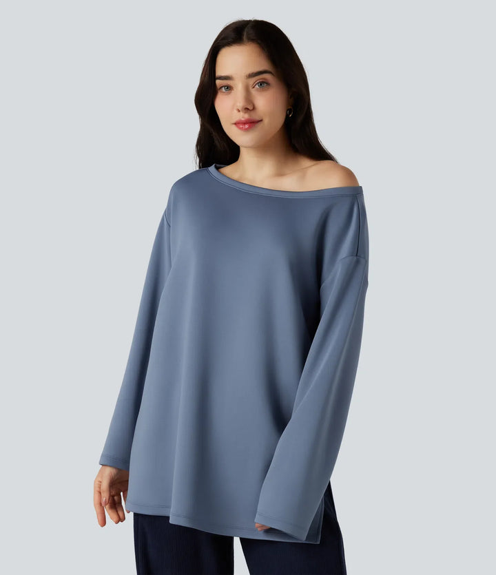 Båtringad långärmad avslappnad vardaglig sweatshirt