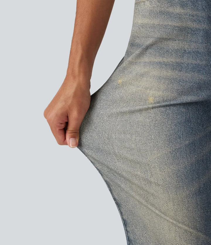 Medelhög midja denim mönster vardaglig utsvängd jeans med fickor