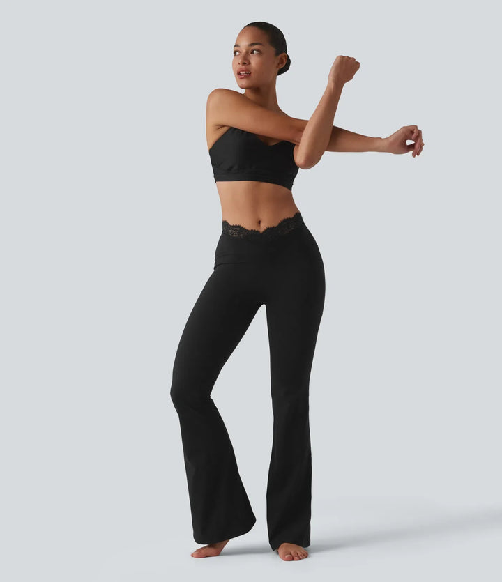 Lyckera UltraSculpt V-formad högmidjad kontrastspets yoga utsvängd leggings med fickor