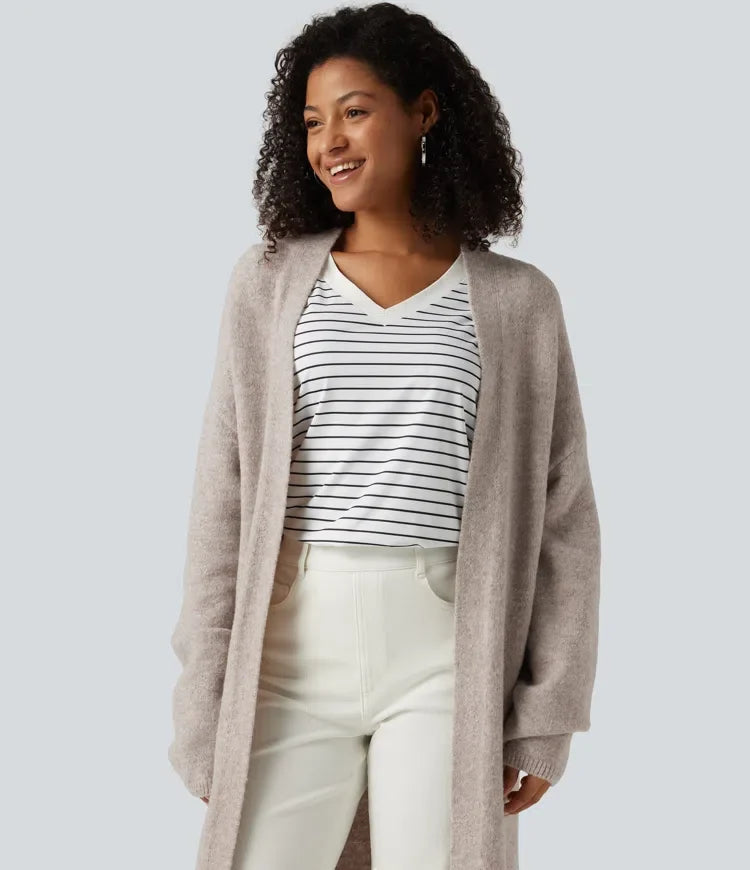 Öppen front nedhasad långärmad lång modell vardaglig cardigan