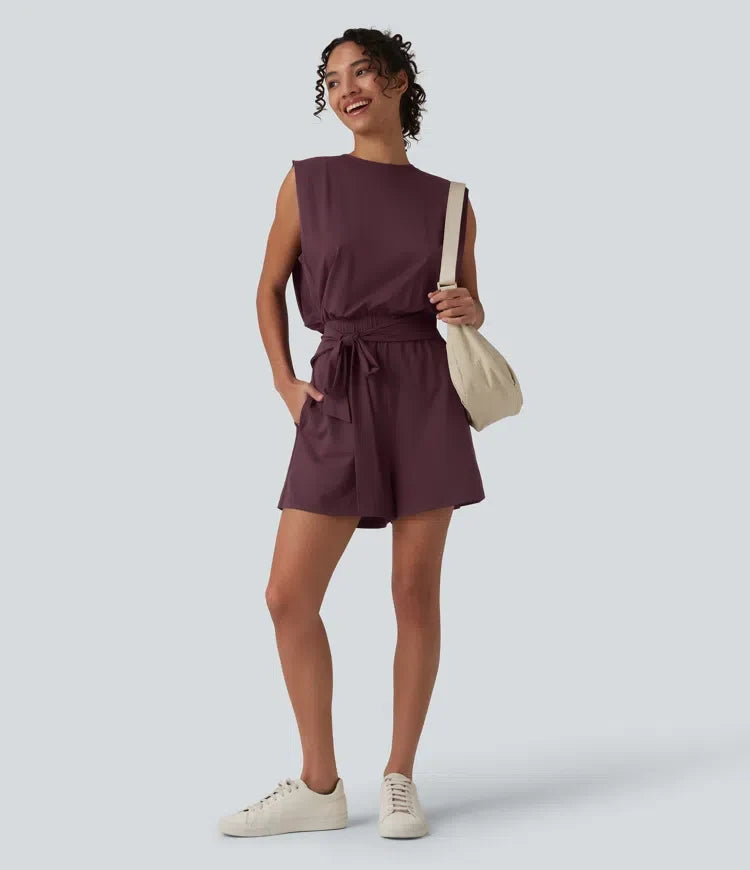 Rund halsringning ärmlös knytning framtill sval känsla playsuit för vardag med fickor – Easy Peezy – UPF50+
