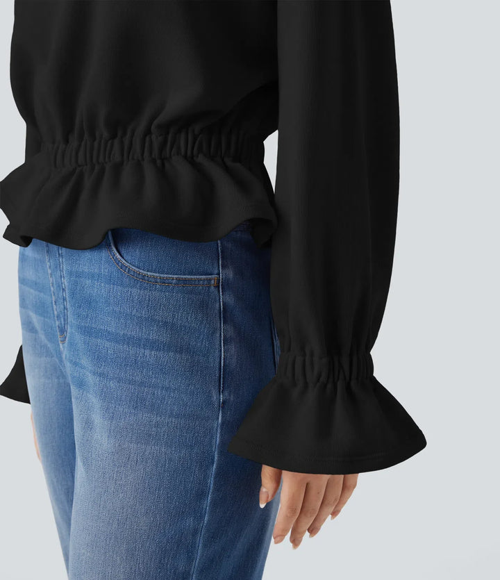 Rund hals långärmad volangfåll vardaglig bomull sweatshirt