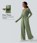 Henley långärmad dragsko melerad vardaglig baggy jumpsuit med fickor-Easy Peezy