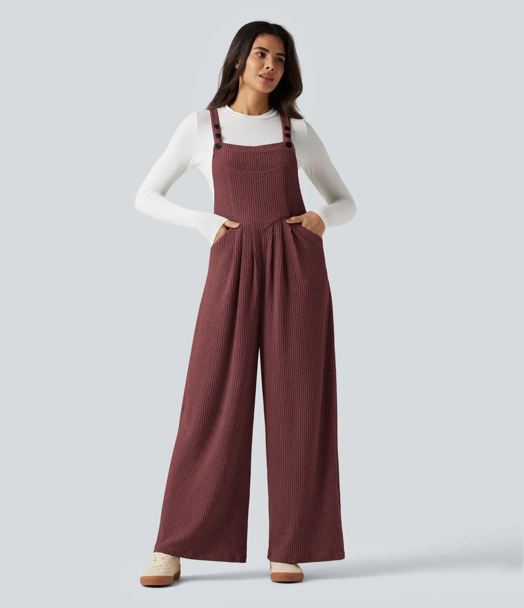 Ribbstickad vardaglig overall med fickor