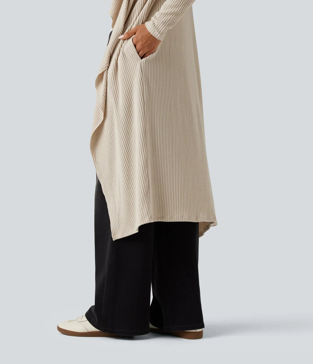 Ribbstickad öppen front långärmad vardaglig lång modell Waterfall cardigan med fickor