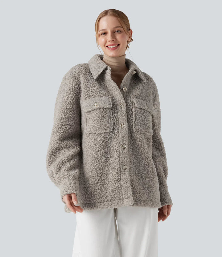 Långärmad vardaglig sherpajacka med fickor
