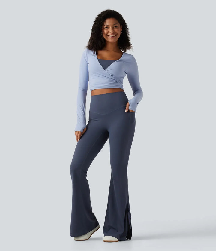 Halara UltraSculpt med hög midja spets upp utsvängd yogaleggings med fickor