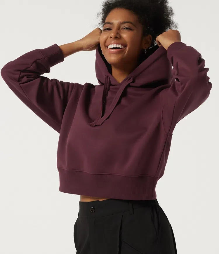 Med huva långärmad fleece yoga sweatshirt