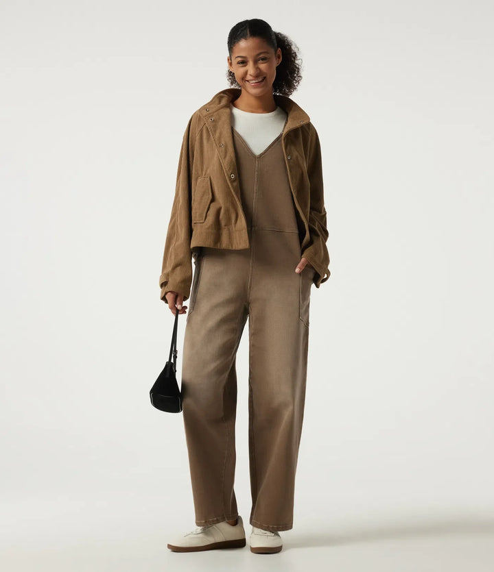 V-ringad baggy färgstark denim vardaglig bomull overall med fickor