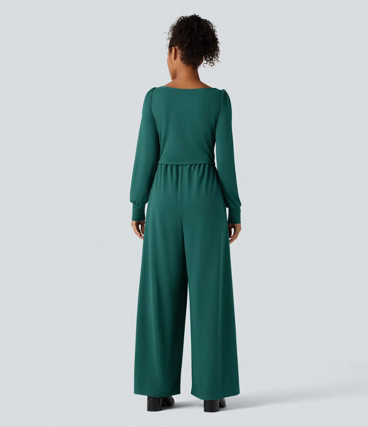 Fyrkantig halsringning långärmad arbetsjumpsuit med fickor-Easy Peezy Edition