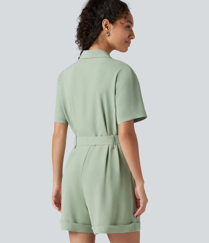 Sjalkrage kortärmad bältad arbete playsuit med fickor