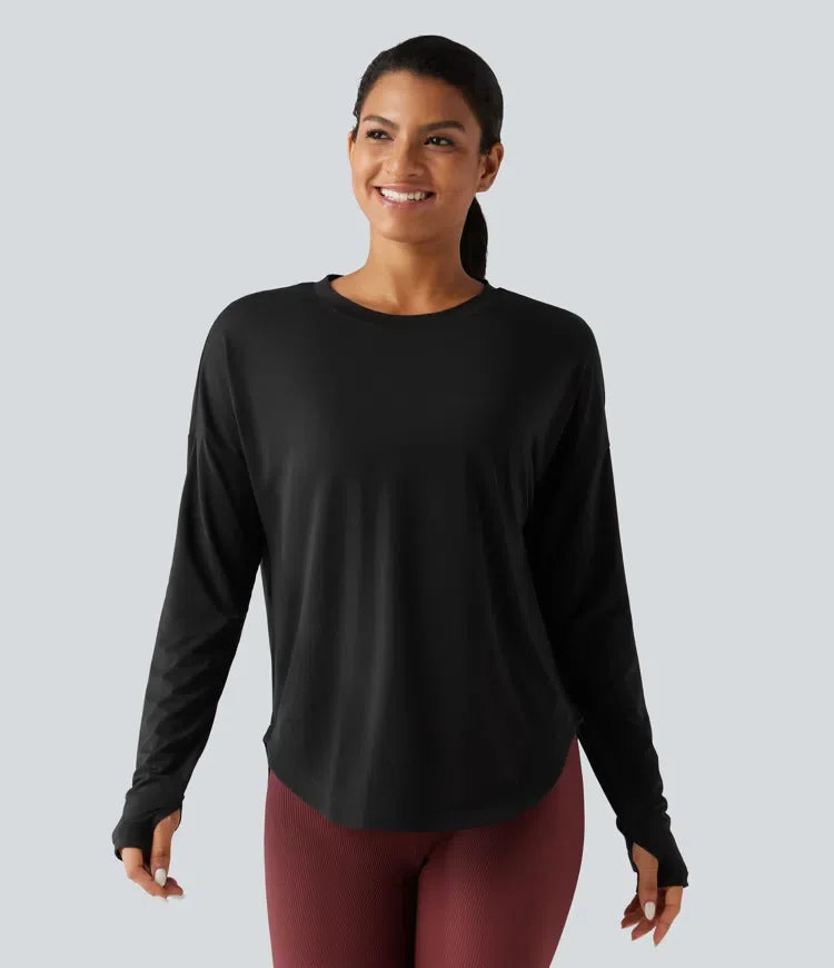 Rund halsringning långärmad tumhål inbyggd bh snabbtorkande sporttopp för yoga