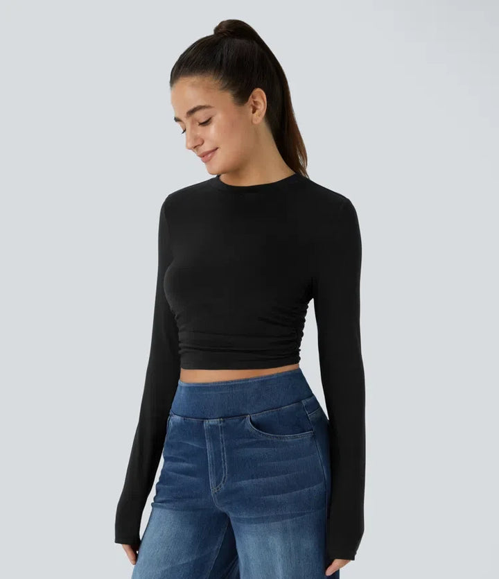 Rund hals långärmad rynkat skinny croppad vardagstopp