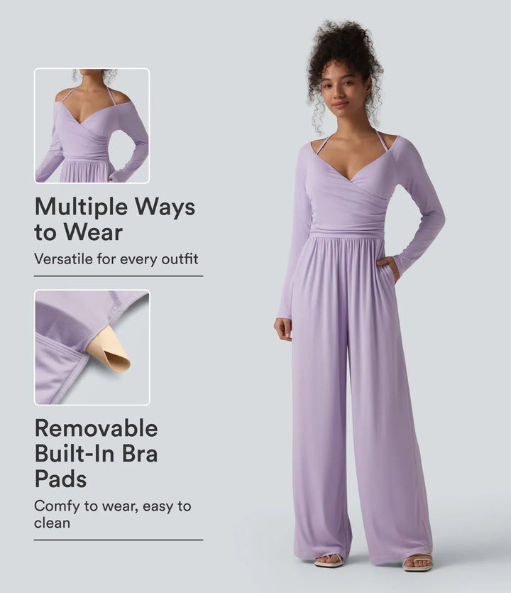 Ribbad halterneck knytning i ryggen bara axlar inbyggd BH långärmad vardaglig jumpsuit med fickor