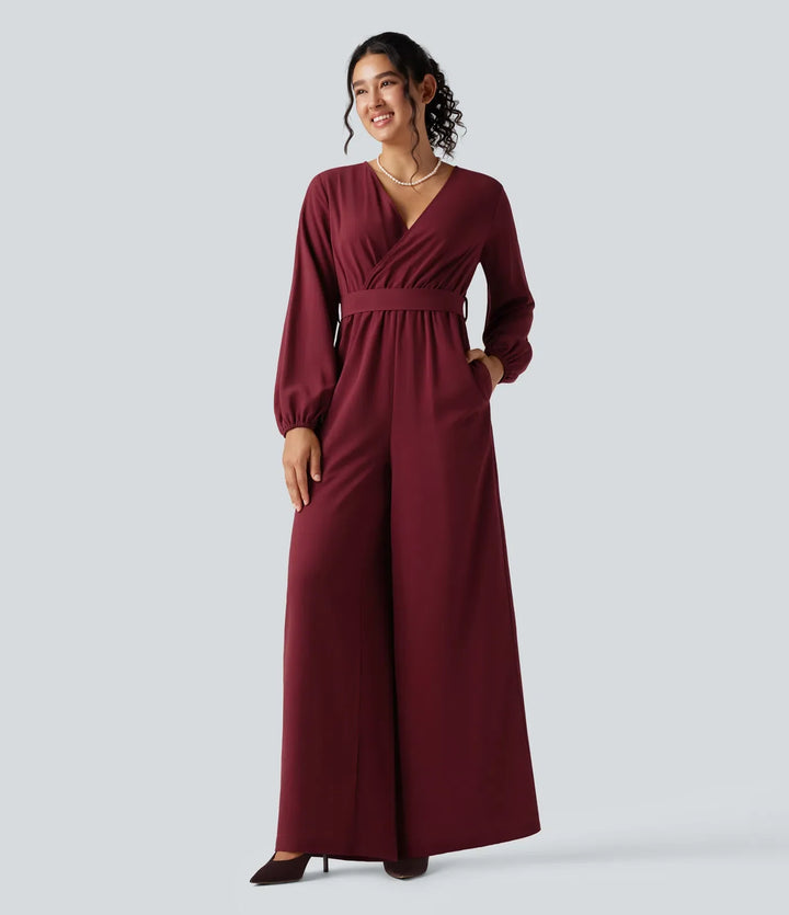 V-ringad lång puffärm bältad vida ben fest jumpsuit med fickor