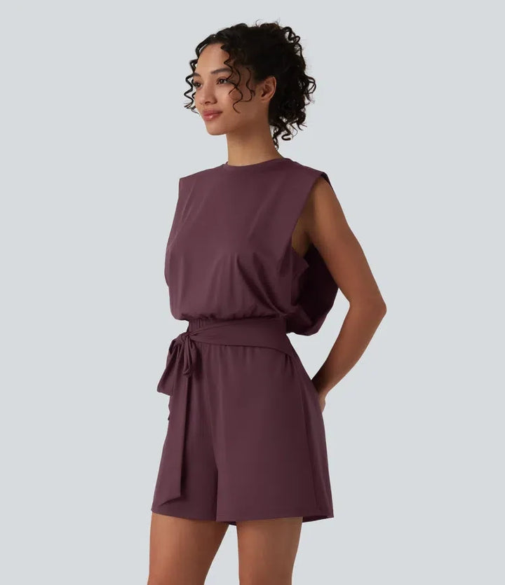Rund halsringning ärmlös knytning framtill sval känsla playsuit för vardag med fickor – Easy Peezy – UPF50+