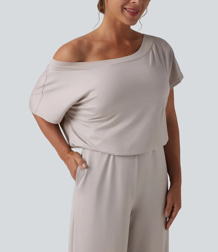 Enaxlad kortärmad slits fåll vardaglig jumpsuit med fickor-Easy Peezy
