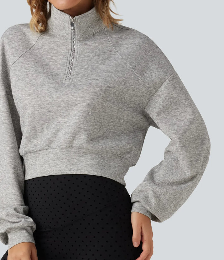 Ståkrage halv-dragkedja lång raglanärm vardaglig croppad sweatshirt