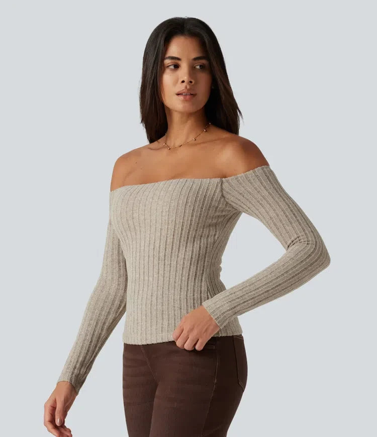 Ribbstickad bara axlar långärmad inbyggd bh vardagstopp