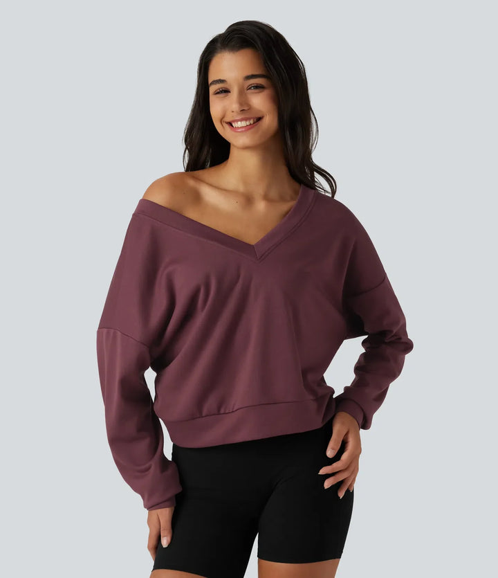 V-ringad långärmad boxig avkoppling sweatshirt